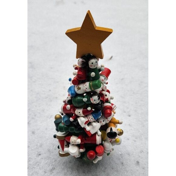 Vintage Wooden Toy Christmas Tree Mini Santa Snowman Drum Bell People Ornaments - Picture 1 of 10